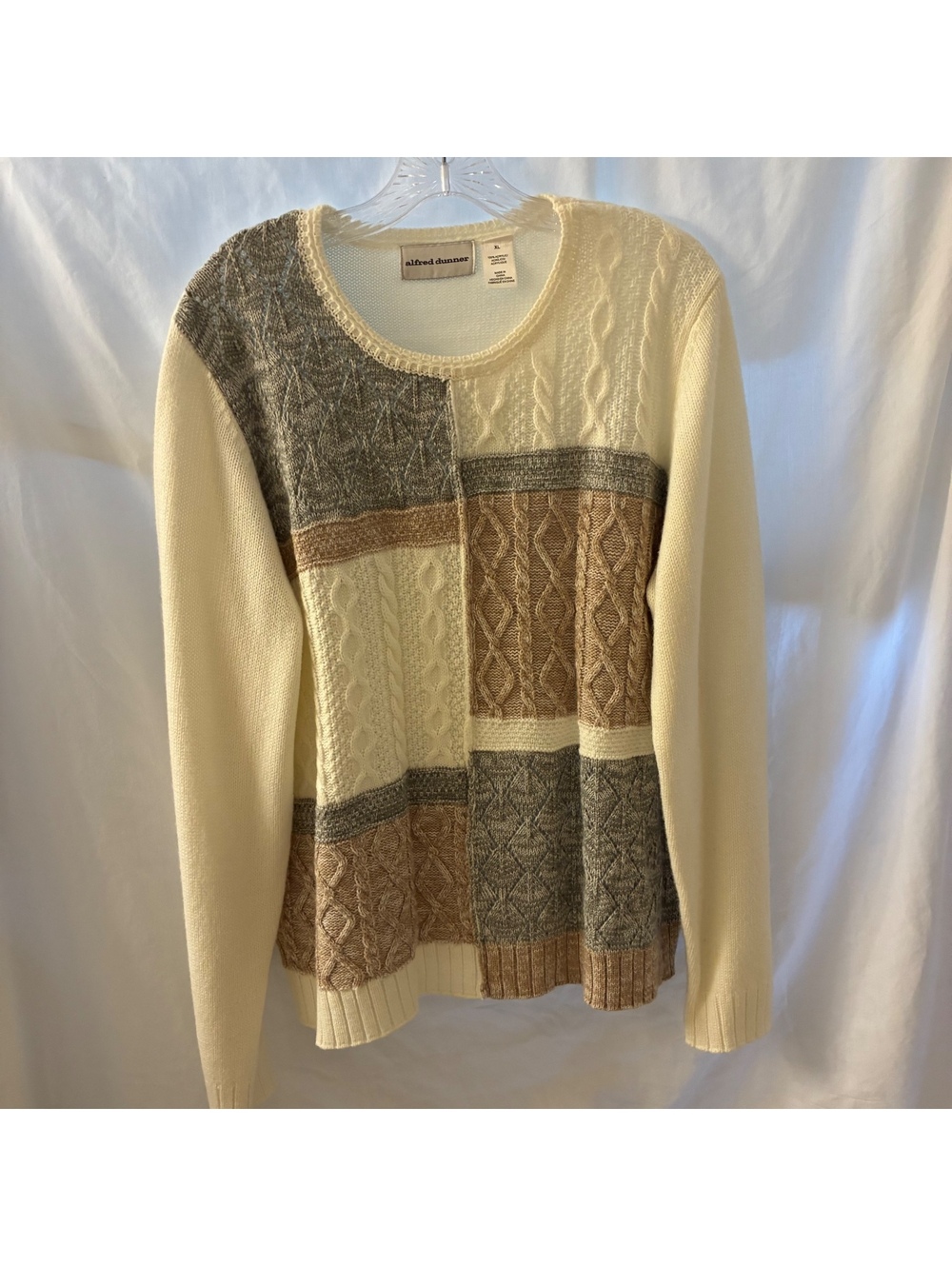 Vtg Alfred Dunner Womens Patchwork Grannycore Cable Knit Sweater Size XL
